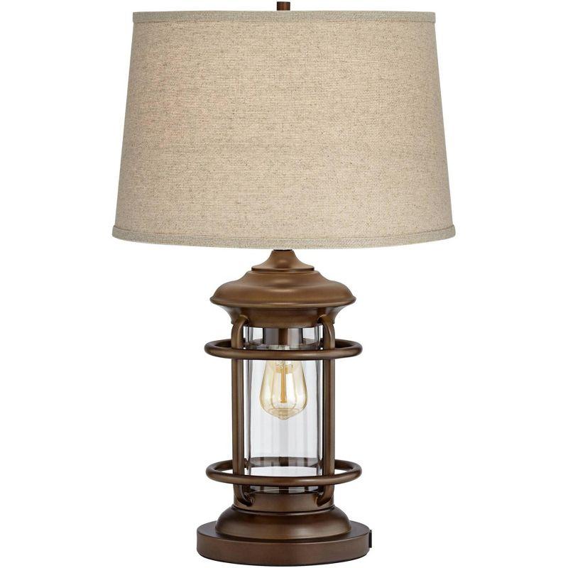 Franklin Iron Works Andreas Industrial Table Lamp 26" High Brown Metal with Nightlight LED and USB Charging Port Oatmeal Shade for Living Room Desk