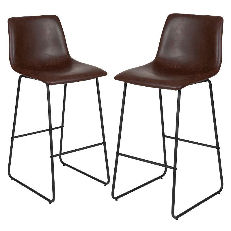 Dark Brown Leather and Metal Bar Height Stools, Set of 2