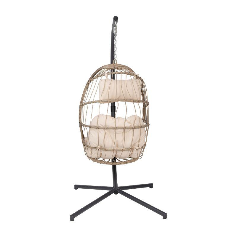 Emma and Oliver Foldable Hanging Egg Chair with Natural Woven Finish, Removable Cream Cushions, and Included Stand for Indoor and Outdoor Use