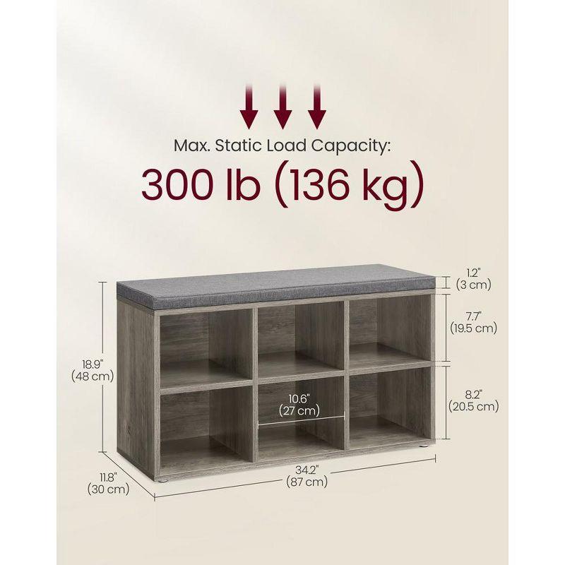 VASAGLE Shoe Bench, Shoe Storage Organizer with 6 Compartments and 3 Adjustable Shelves Cushioned Seat for Entryway Greige and Gray