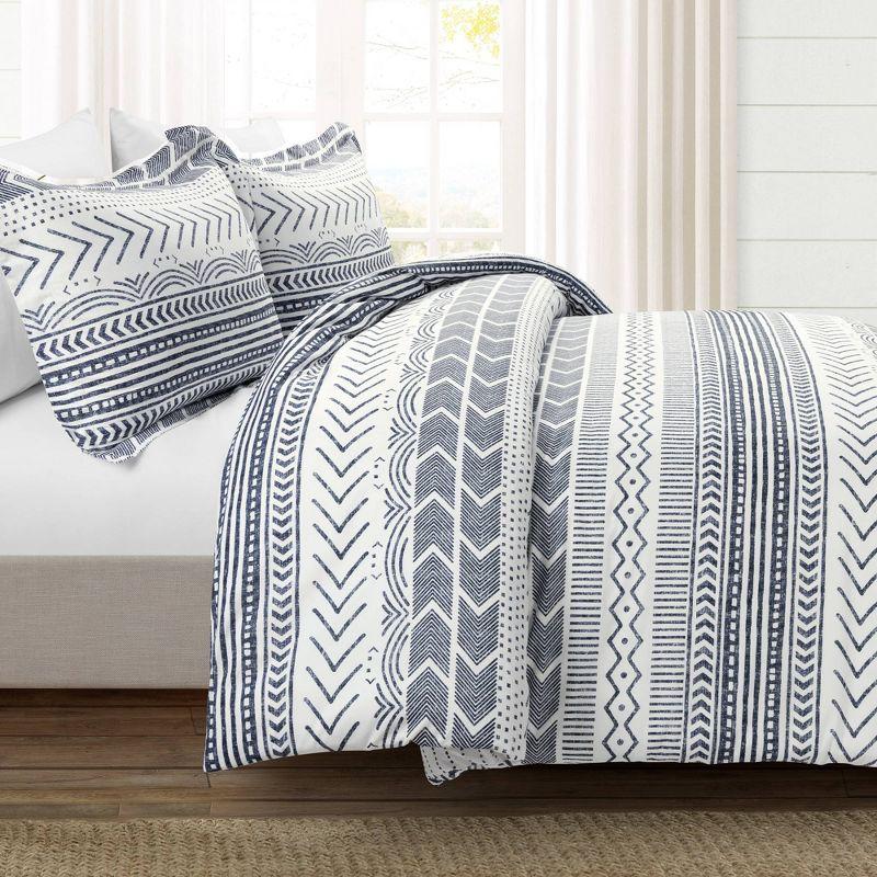 3pc King Hygge Geo Duvet & Sham Set Navy/White - Lush Décor: Cotton, Reversible, Inner Ties, 460 Thread Count