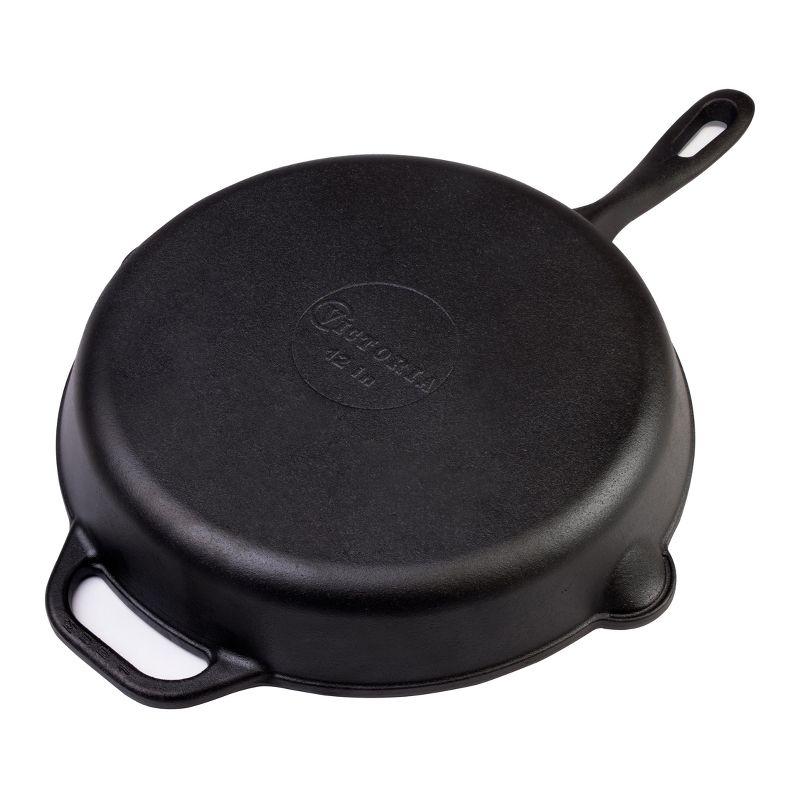 Victoria Seasoned 12" Cast Iron Skillet with Helper Handle: Preseasoned, Oven-Safe, 12 Inch, Long Handle, Lifetime Warranty