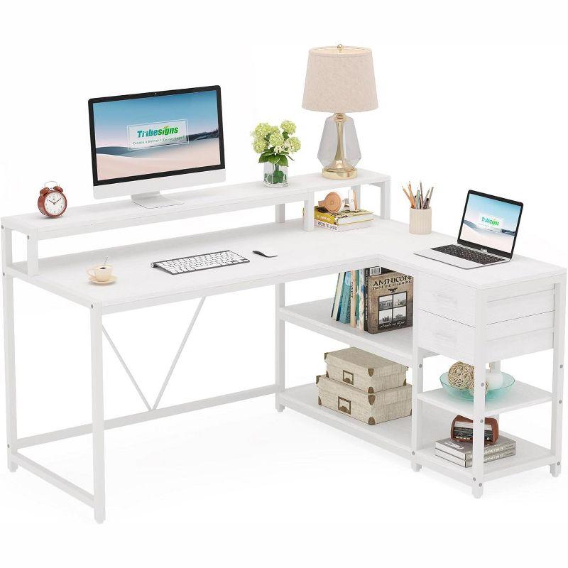 White Wood L-Shaped Corner Desk with Drawer and Shelves