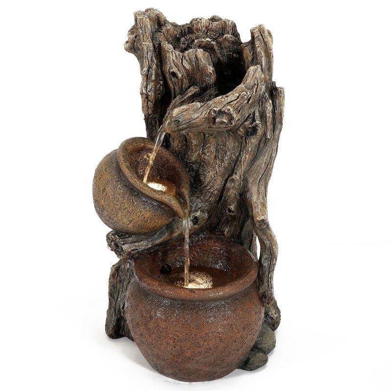 Rustic Brown Resin Tree Trunk and Pots Outdoor Fountain with LED Lights