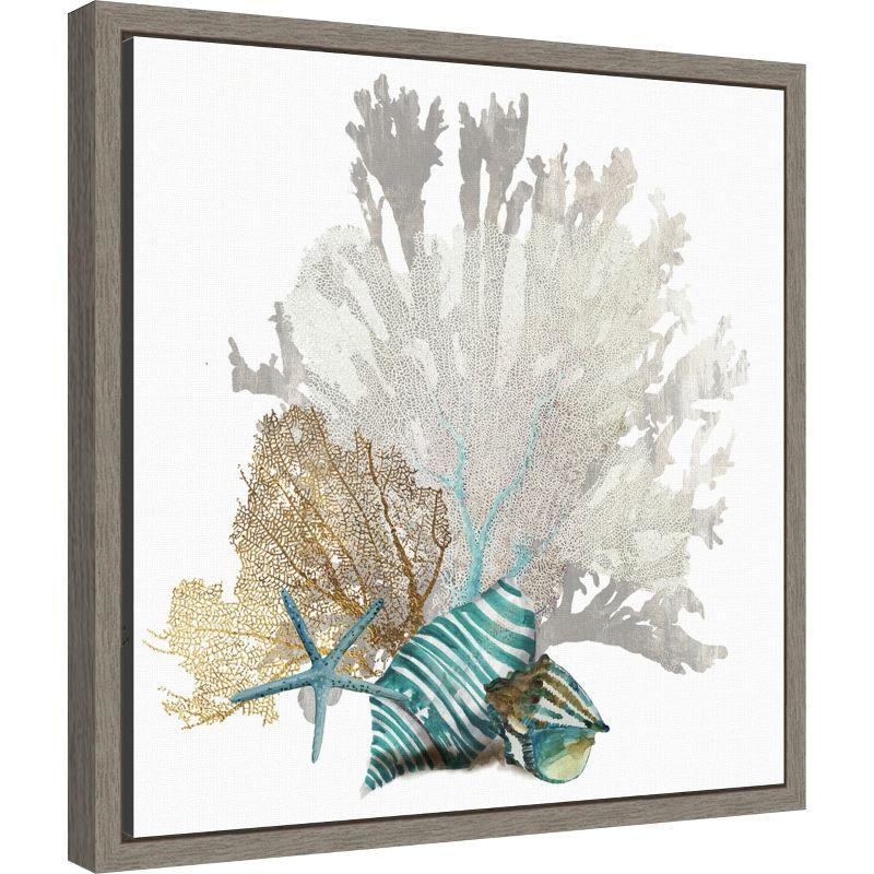 Coastal Coral and Seashells Canvas Art in Gray Frame