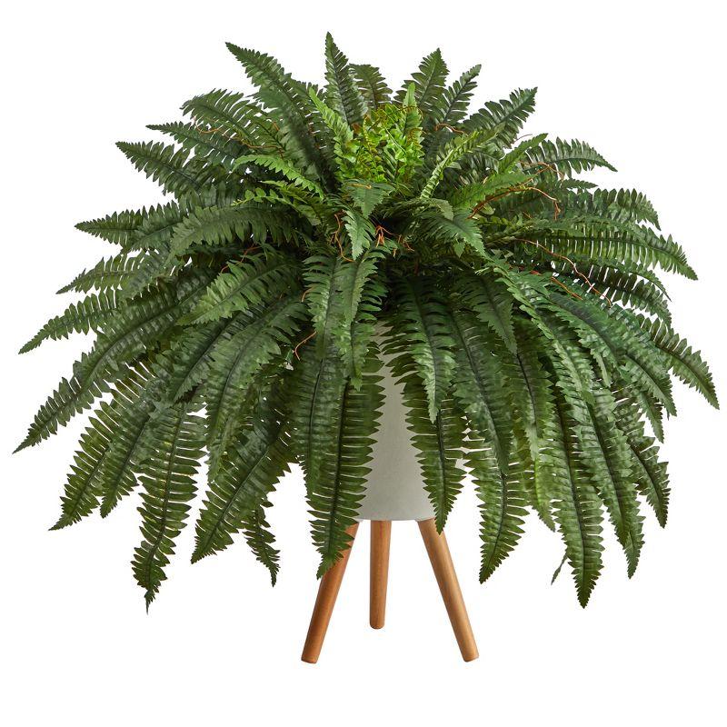 Nearly Natural 2.5-ft Boston Fern Artificial Plant in White Planter with Legs