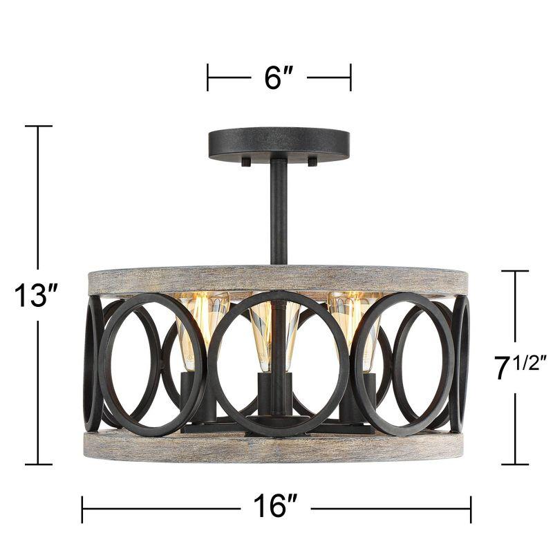 Franklin Iron Works Salima Rustic Farmhouse Ceiling Light Semi Flush Mount 16" Wide Black Gray Wood 3-Light for Bedroom Kitchen Living Room Hallway