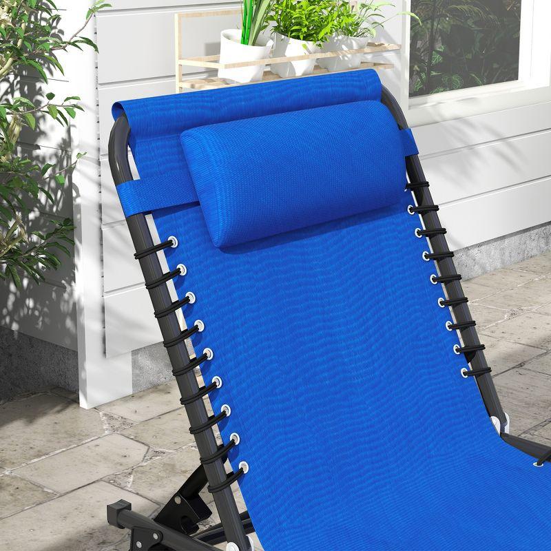 2 Folding Chaise Lounge Pool Chairs with 4-Position Reclining Back, Pillow, Breathable Mesh & Bungee Seat, Blue