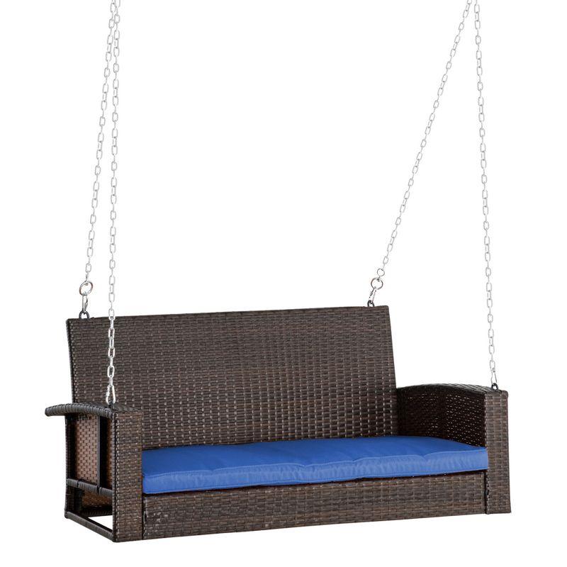 Blue Cushioned Wicker Hanging Porch Swing Bench