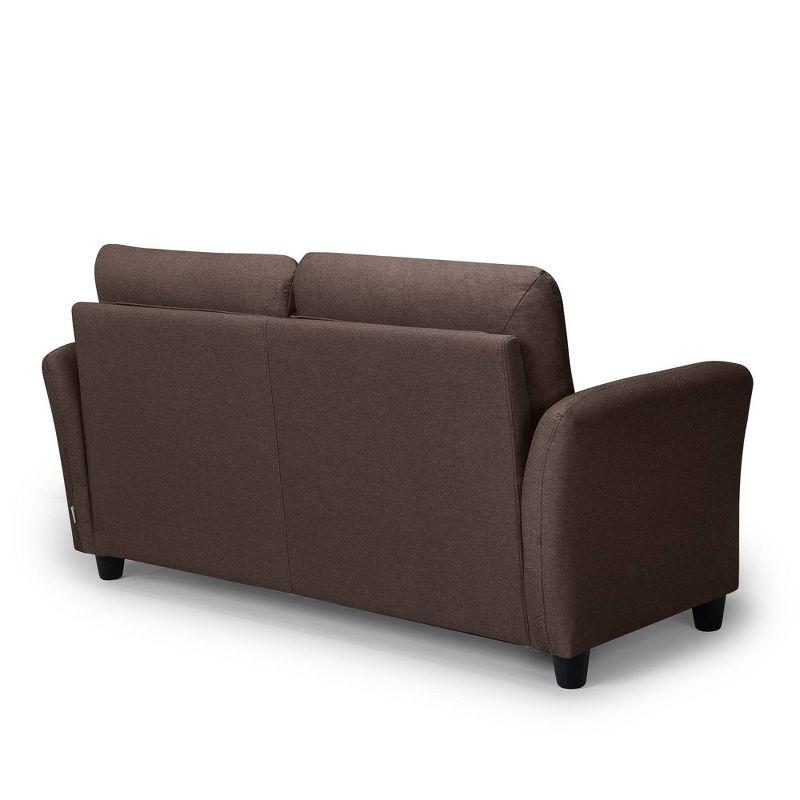 Chestnut Brown Tufted Fabric Loveseat with Flared Wood Arms