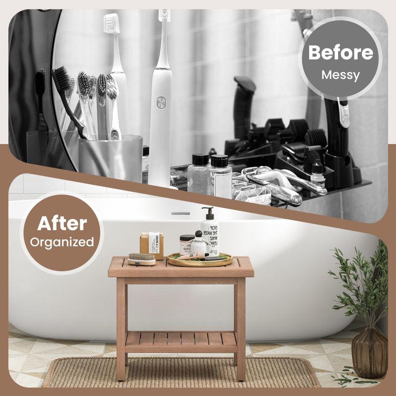 Costway 21'' Indonesia Teak Wood Shower Bench 2-Tier Waterproof Bath Spa Stool with Storage Shelf