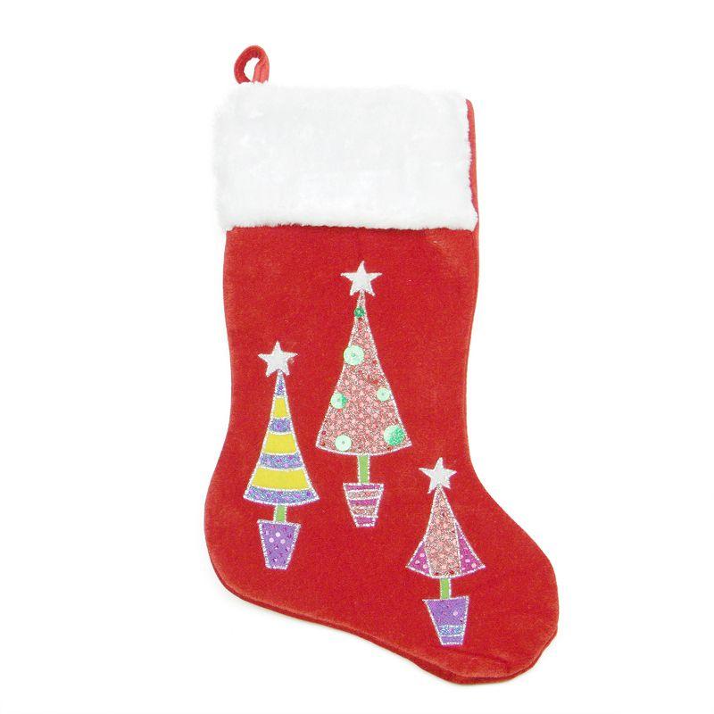 Red and White Velveteen Christmas Stocking with Embroidered Trees