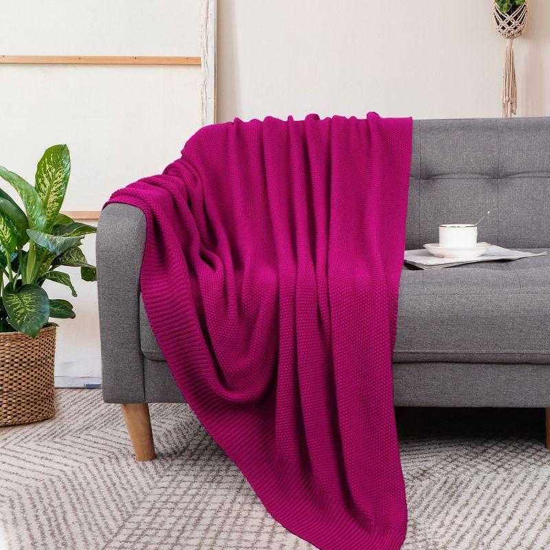 PiccoCasa Sofa Couch Solid Lightweight Cotton Knit Soft Throw Blanket Fuchsia Throw (50" * 60")