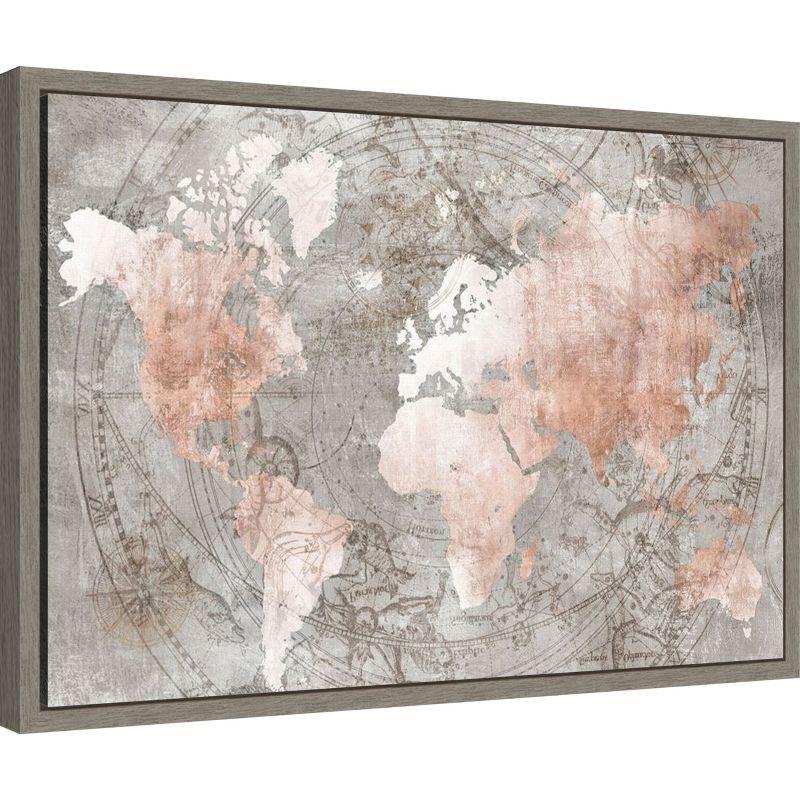 Celestial Pink and Beige Framed Canvas World Map Print