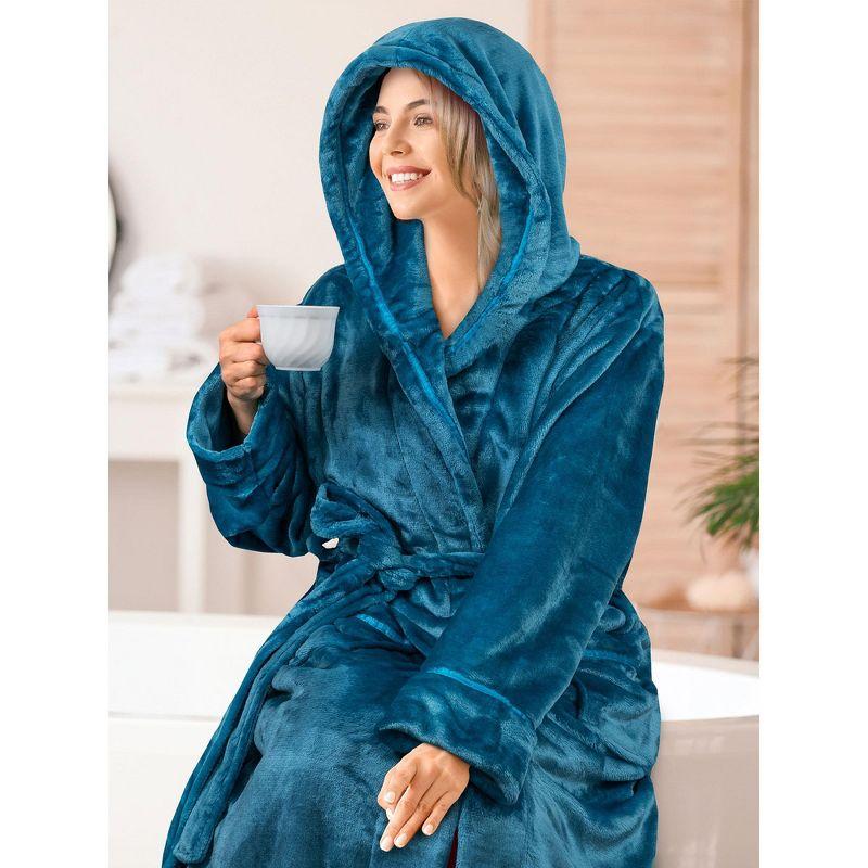 PAVILIA Fleece Robe For Women, Plush Warm Bathrobe, Fluffy Soft Spa Long Lightweight Fuzzy Cozy, Satin Trim (With Hood - Sea Blue, Large-X-Large)
