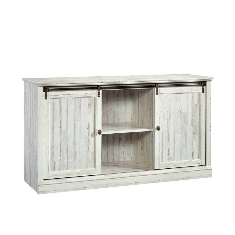 White Plank Sliding Door TV Stand with Adjustable Shelves