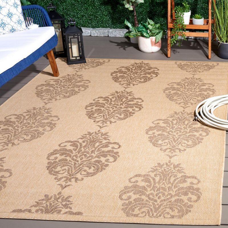 Natural Brown Damask Low Pile Outdoor Area Rug