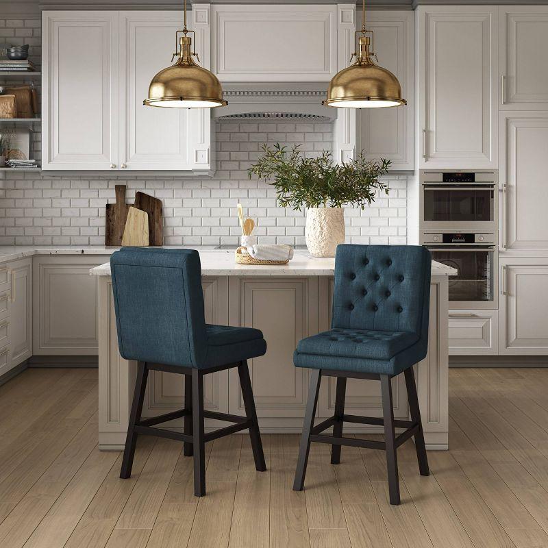 Navy Blue Tufted Counter Height Barstools with Dark Brown Rubberwood Legs - Set of 2