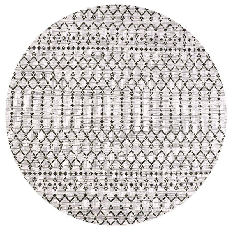 5' Round Ourika Moroccan Geometric Textured Weave Indoor/Outdoor Area Rug, Cream/Black - JONATHAN Y