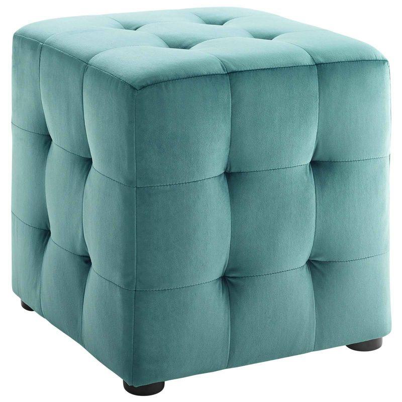 Teal Tufted Velvet Cube Ottoman with Button Details