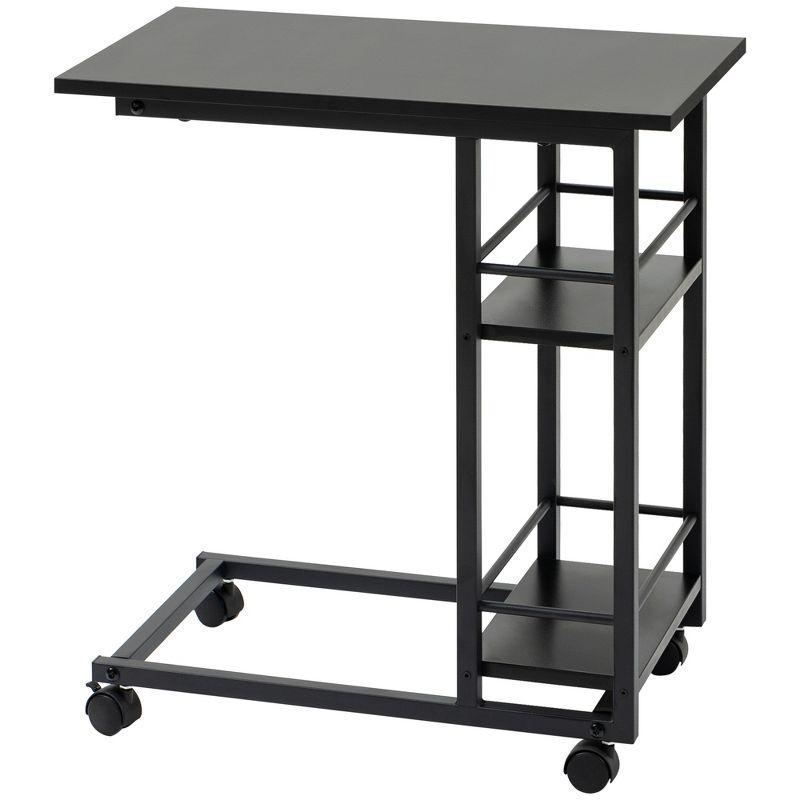 HOMCOM C Shaped End Table with Storage Shelves, Mobile Side Table with Wheels for Sofa Couch, Bed, Metal Frame