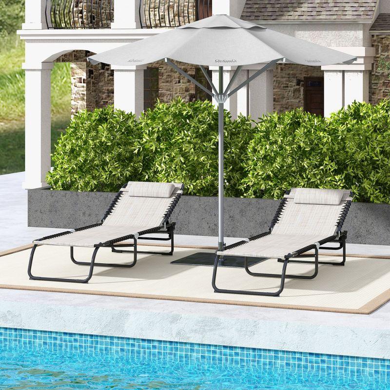 2 Folding Chaise Lounge Pool Chairs with 4-Position Reclining Back, Pillow, Breathable Mesh & Bungee Seat, Cream White