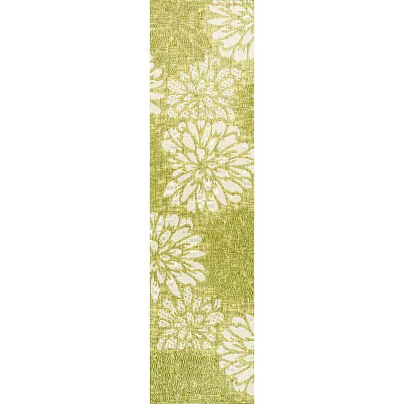 2' x 10' Zinnia Modern Floral Textured Weave Indoor/Outdoor Runner Rug, Green/Cream - JONATHAN Y