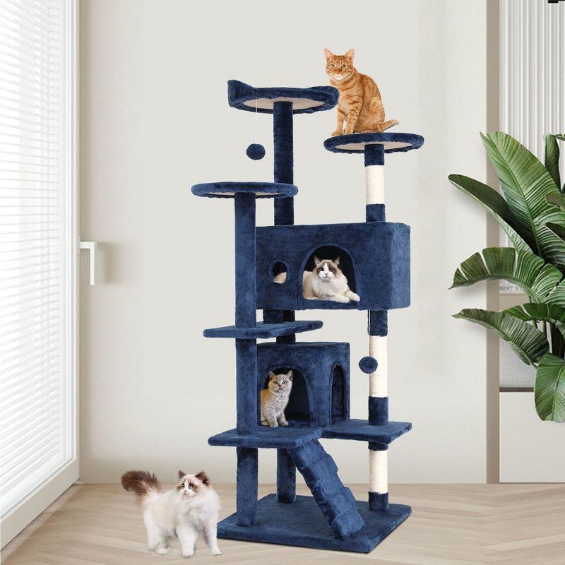 FDW 54in Cat Tree Tower​​ Multi-Level Scratching Post & Play House for Indoor Cats/Kittens, Navy Blue
