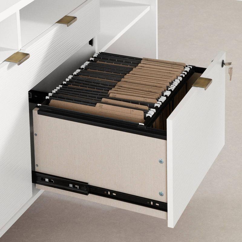 South Shore Koryn Desk Pure White: L-Shaped, Power Bar, Lockable File Drawer, Brass Legs