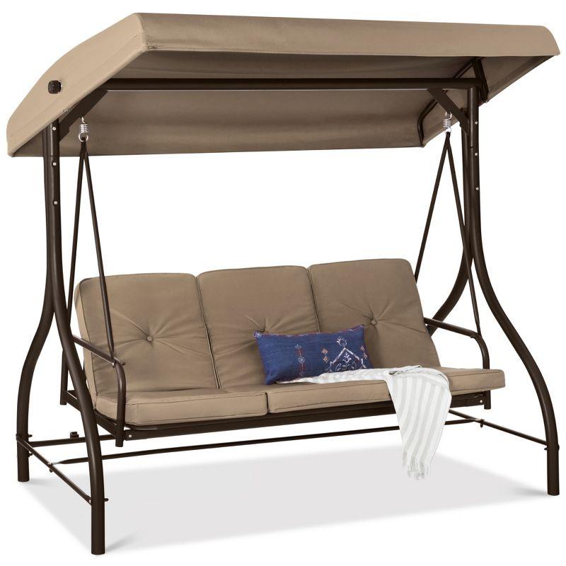 Best Choice Products 3-Seat Outdoor Converting Canopy Swing Glider Patio Hammock w/ Removable Cushions - Desert Taupe