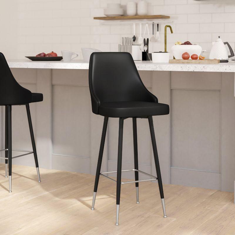 Emma and Oliver Set of Two Modern Bar Height Black Faux Leather Upholstered Dining Stools with Chrome Accented Metal Frames and Footrests