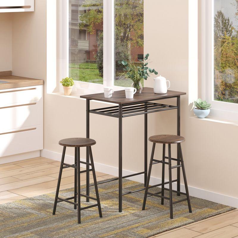 HOMCOM 3 Piece Counter Height Bar Table and Chairs Set, Space Saving Dining Table with 2 Matching Stools, Storage Shelf Metal Frame Footrest, Black