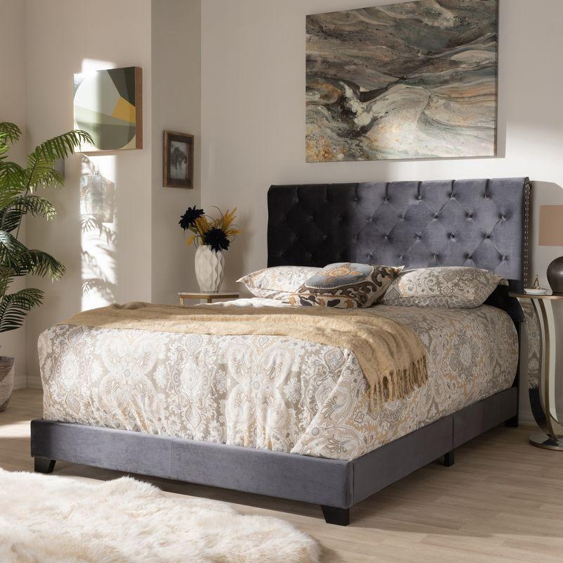 Luxurious Dark Grey Velvet Full Bed with Tufted Headboard and Nailhead Trim