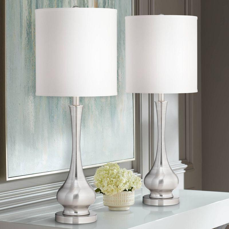 Tall Silver Gourd Table Lamps with White Drum Shades, Set of 2