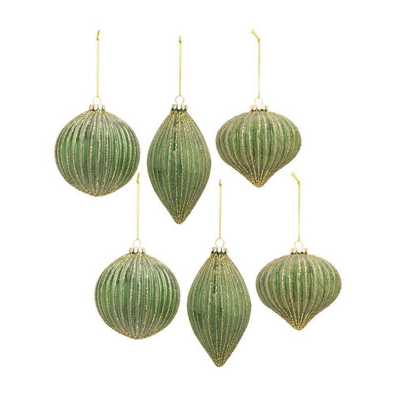 Green and Gold Ribbed Glass Ornament Set of 6