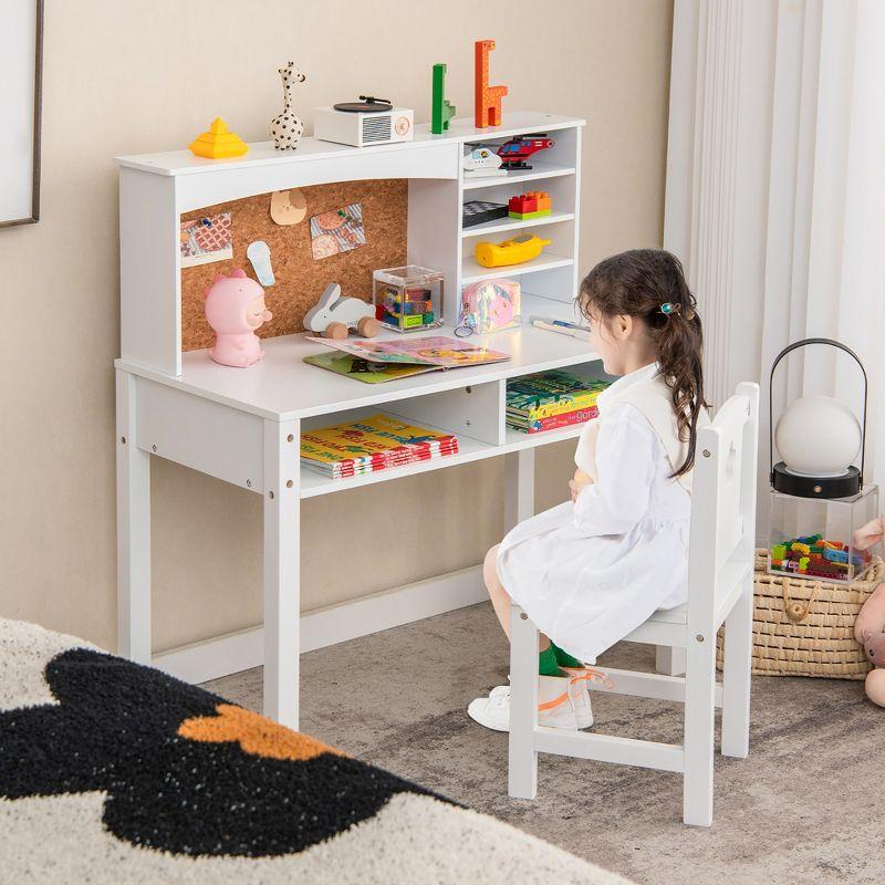 White Wooden Kids Desk and Chair Set with Hutch and Drawer