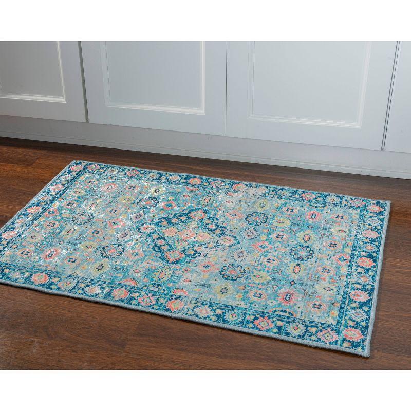 Ivory and Blue Rectangular Silk-Look Synthetic Rug, 2'2" x 3'2"