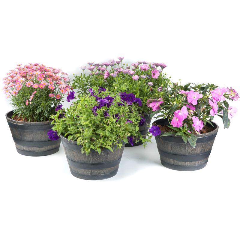 ardenised 4-Piece Round Half Barrel Flower Pots Rustic Farmhouse Style Faux Wood Planter Containers for Indoor & Outdoor Use