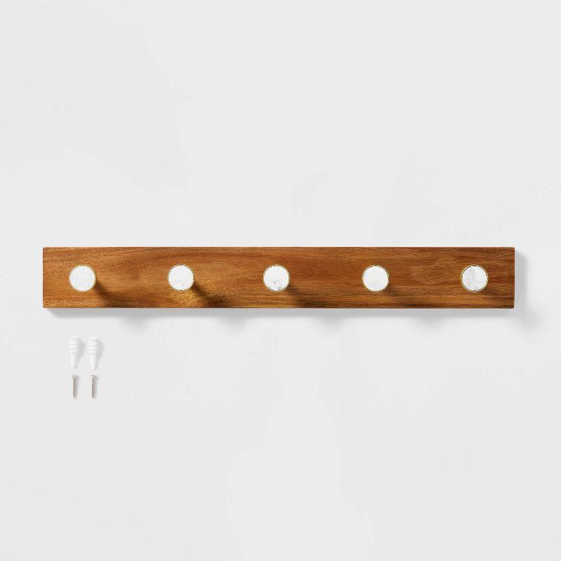 Metal and Faux Marble 5 Gold Hooks Rail on Acacia Wood - Threshold™: Wall Mounted Decorative Hook Racks, Coat Hooks