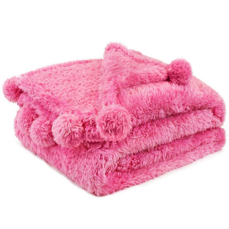 PAVILIA Fluffy Throw Blanket with Pompom, Lightweight Soft Plush Cozy Warm Pom Pom Fringe for Couch Sofa Bed