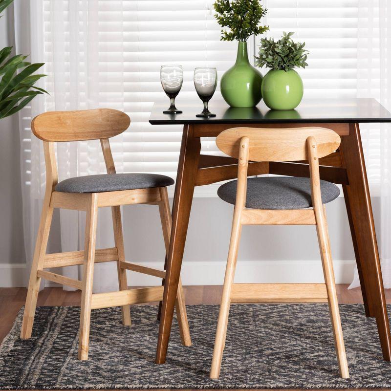 Grey Fabric and Natural Brown Wood 2-Piece Counter Stool Set