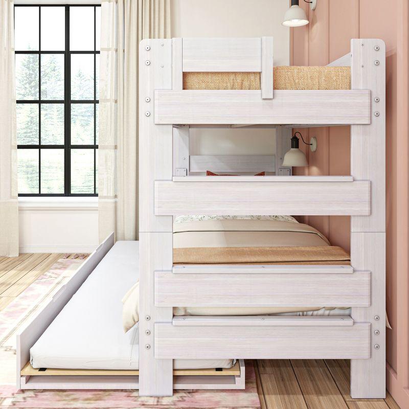 Max & Lily Solid Wood Modern Farmhouse Twin over Twin Bunk Bed with Trundle, White Wash
