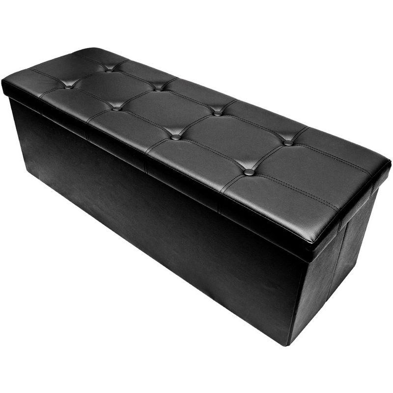 Black Faux Leather Storage Ottoman Bench with Button-Tufting