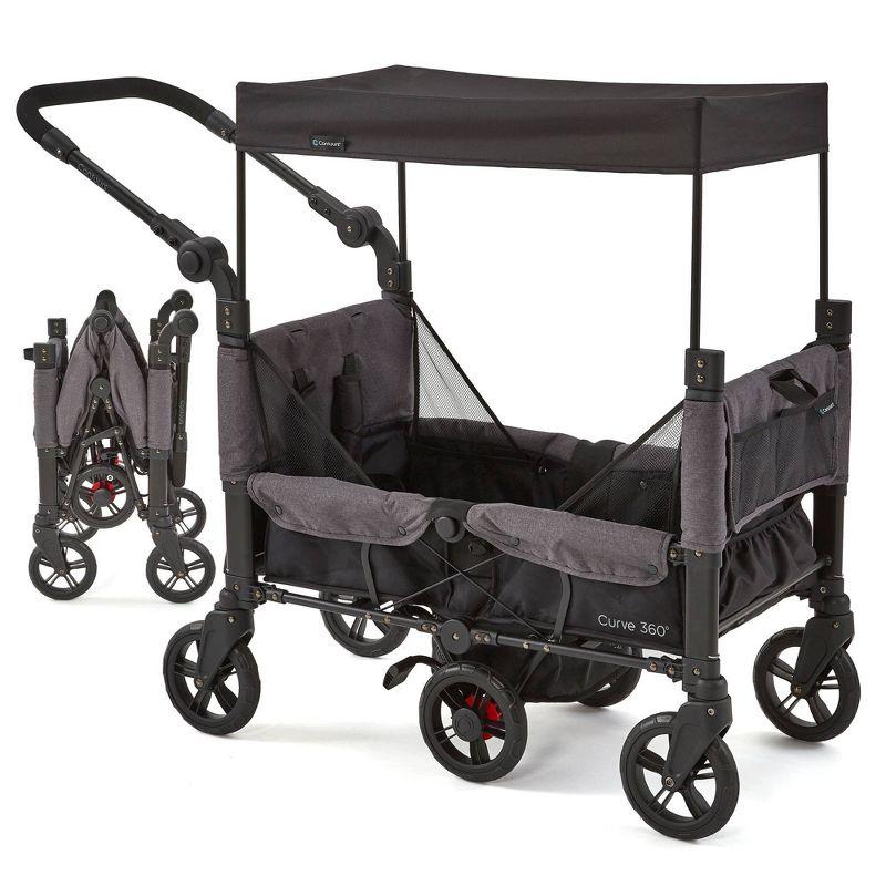 Contours Contours Curve 360 Stroller Wagon for 2 Kids, Infant Car Seat Compatibility, Zero Turn Radius, Lightweight Foldable Push-pull Collapsible Wagon Cart for Garden, Stroller, Camping, Grocery Cart