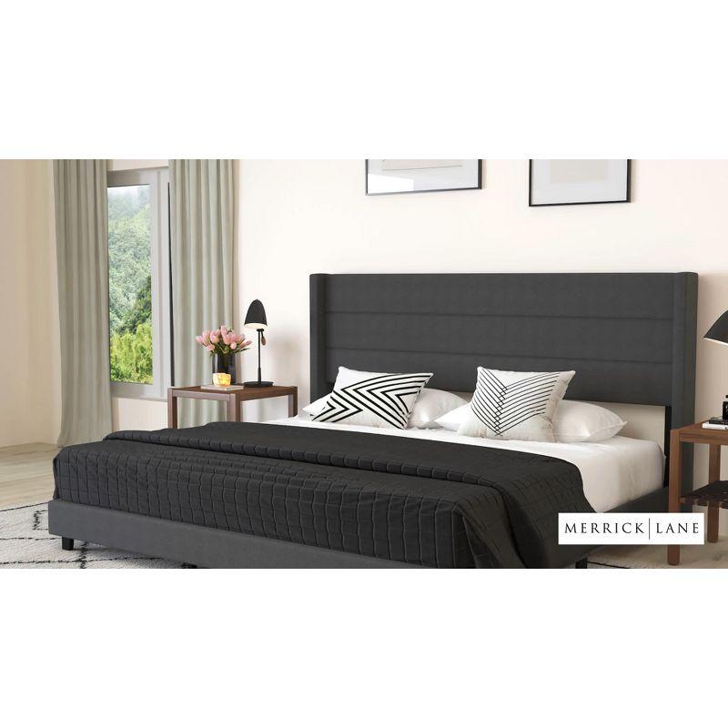 Merrick Lane Modern King Platform Bed with Padded Channel Stitched Charcoal Faux Linen Upholstered Wingback Headboard and 6" Underbed Clearance