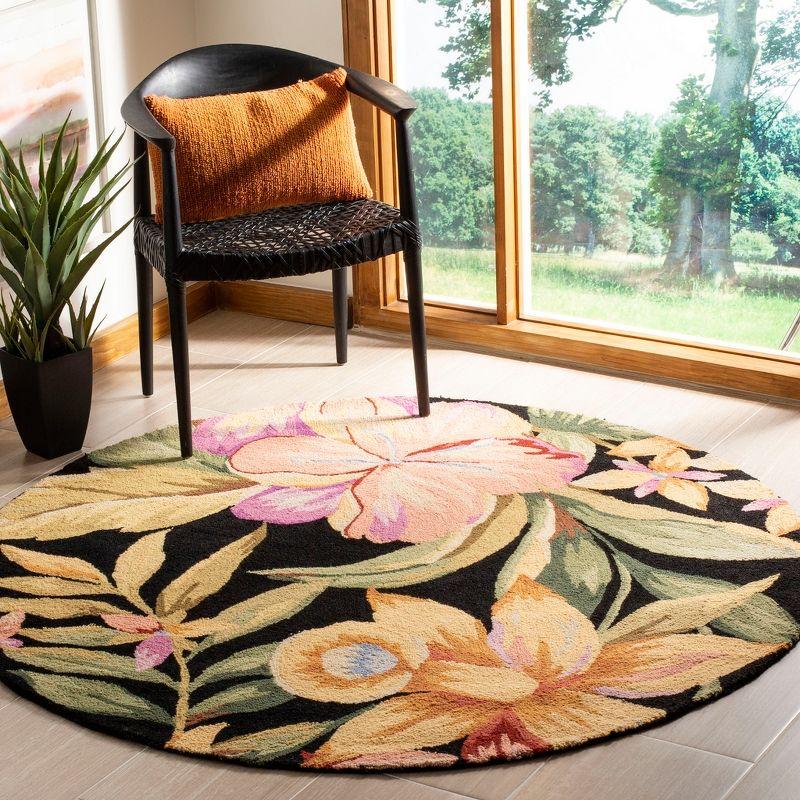 Handmade Black Floral Wool Cotton Round Area Rug