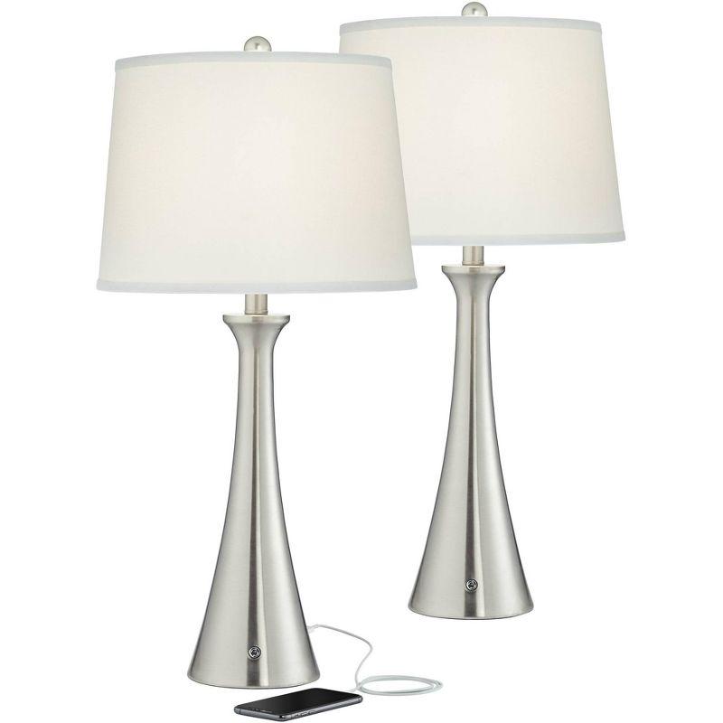 Modern Brushed Nickel Table Lamps with White Drum Shades, Set of 2