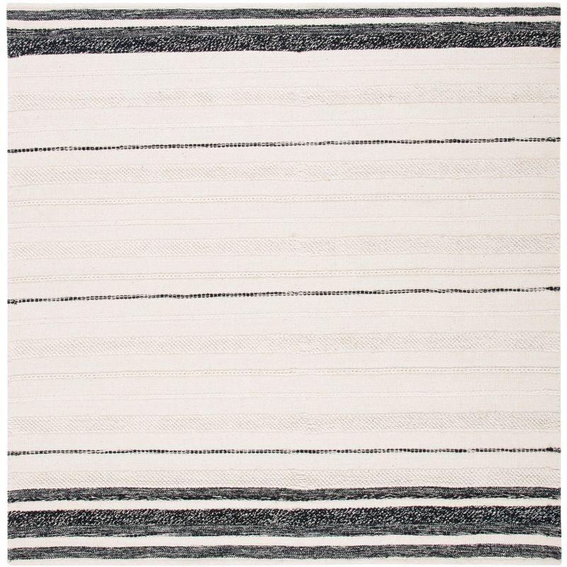 Black and White Striped Square Wool Cotton Rug