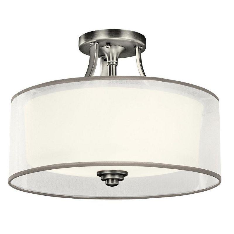 Lacey 15" 3 Light Semi Flush with Satin Etched Cased Opal Inner Diffusers and White Translucent Organza Outer Shade in Antique Pewter