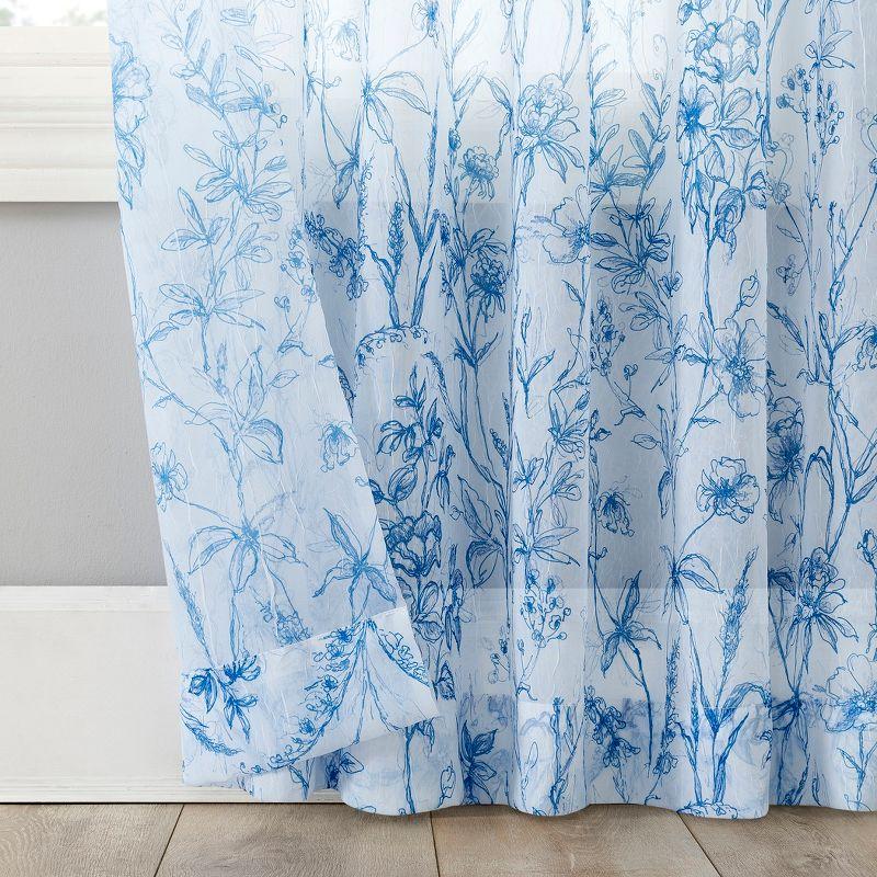 Chinoiserie Blue Floral Sheer Rod Pocket Curtain Panel 51" x 63"